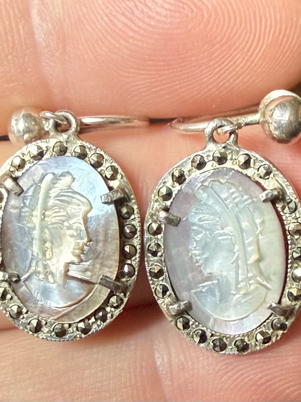 vtg Carved Abalone Cameo Earrings